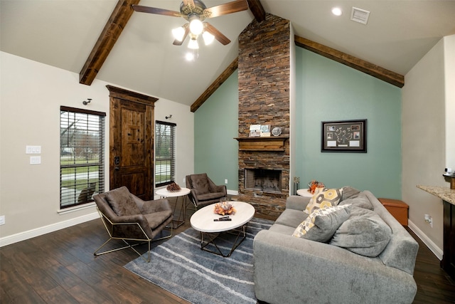 living area featuring dark wood-style floors, baseboards, a fireplace, and beamed ceiling