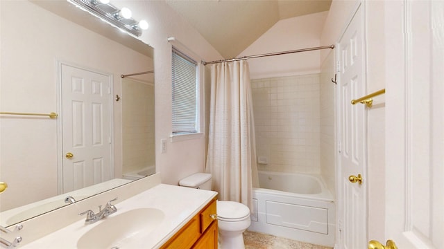 full bath with vaulted ceiling, shower / tub combo, vanity, and toilet