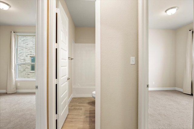 corridor with baseboards, light wood finished floors, and light colored carpet