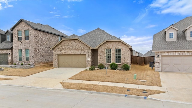 french provincial home featuring brick siding, a shingled roof, concrete driveway, an attached garage, and fence