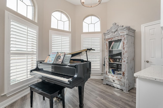 sitting room featuring a high ceiling, baseboards, and wood finished floors