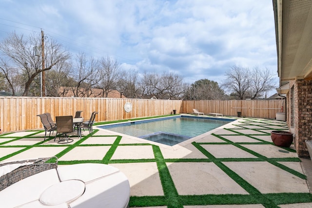 view of swimming pool with a fenced in pool, a patio, a fenced backyard, an in ground hot tub, and outdoor dining area