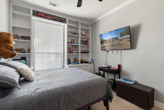 bedroom with visible vents, a ceiling fan, and ornamental molding