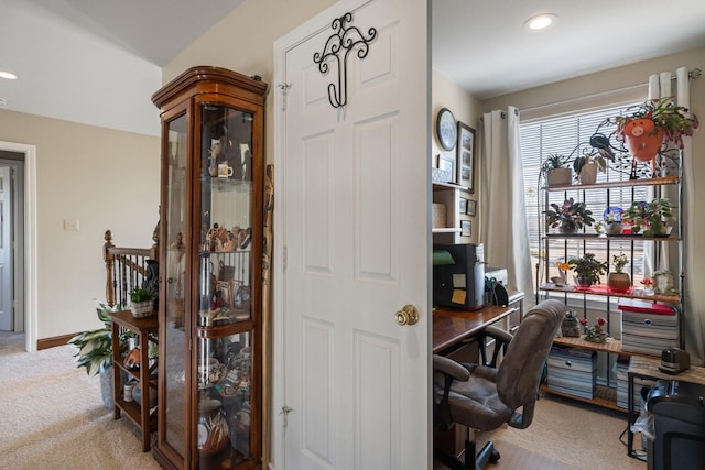 office with light carpet, baseboards, and recessed lighting