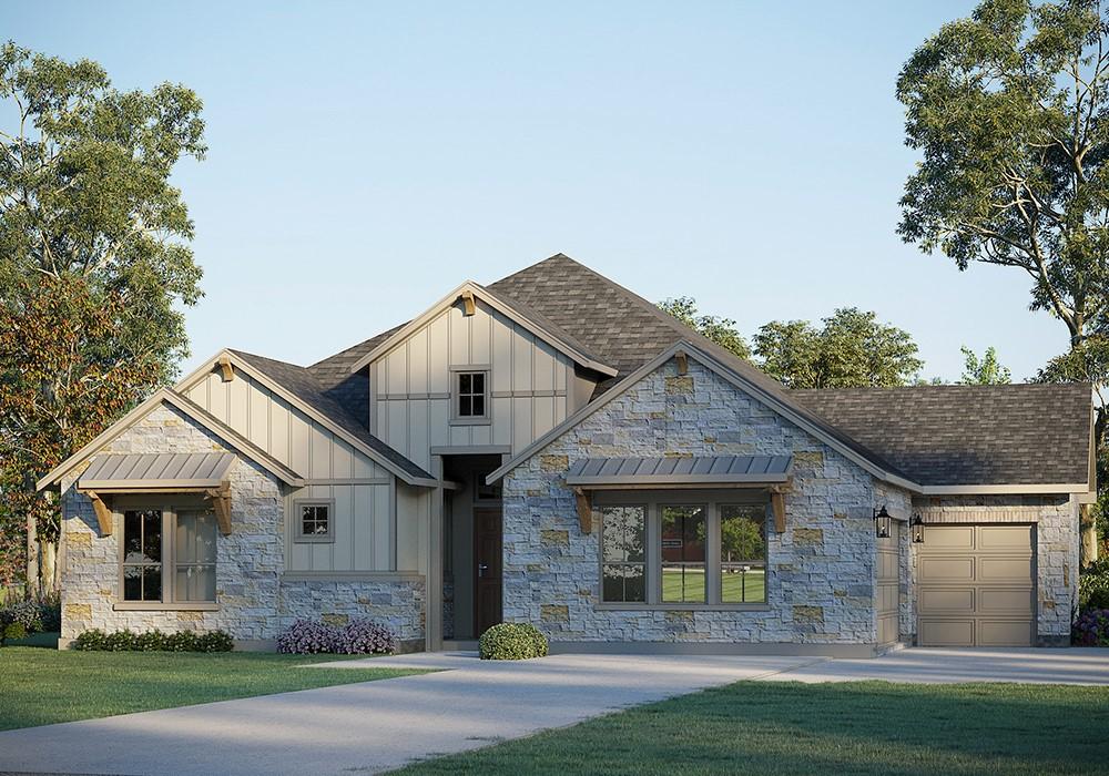 view of front of property with an attached garage, driveway, roof with shingles, a front lawn, and board and batten siding