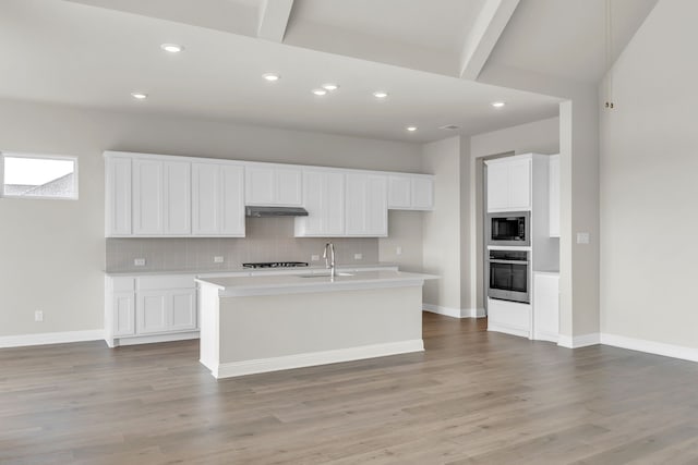 5509 Gaelic Dr, Celina, TX 75009 - kitchen with under cabinet range hood, decorative backsplash, stainless steel appliances, light wood finished floors, and a sink