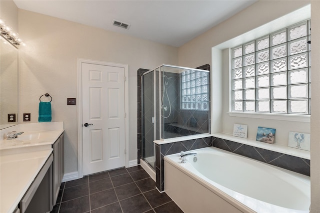 full bath featuring visible vents, tile patterned floors, a garden tub, vanity, and a shower stall