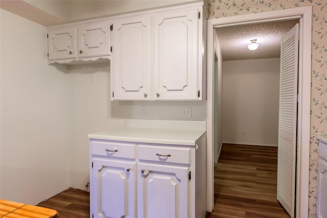 kitchen with a textured ceiling, light countertops, dark wood-type flooring, and white cabinetry