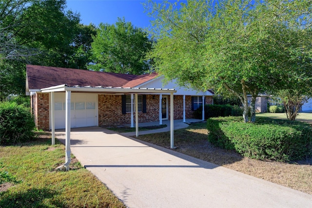 ranch-style home featuring driveway, an attached garage, a porch, and brick siding