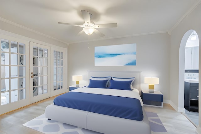 bedroom with arched walkways, french doors, crown molding, a ceiling fan, and light wood-type flooring