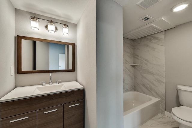 bathroom featuring toilet, vanity, visible vents, marble finish floor, and  shower combination