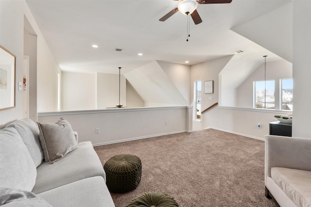 carpeted living area with visible vents, recessed lighting, lofted ceiling, and ceiling fan