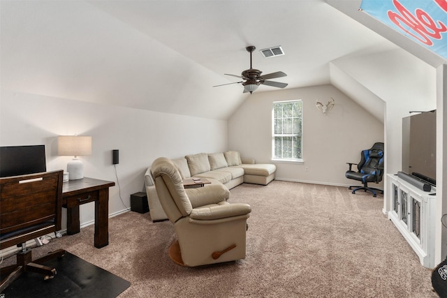 living room featuring carpet, baseboards, visible vents, ceiling fan, and vaulted ceiling