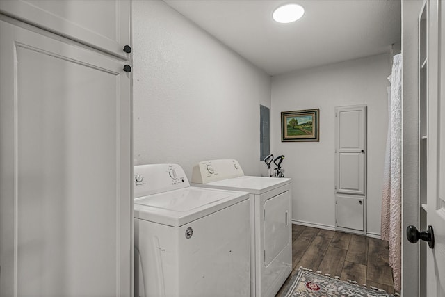 laundry room with washer and dryer, laundry area, and dark wood finished floors