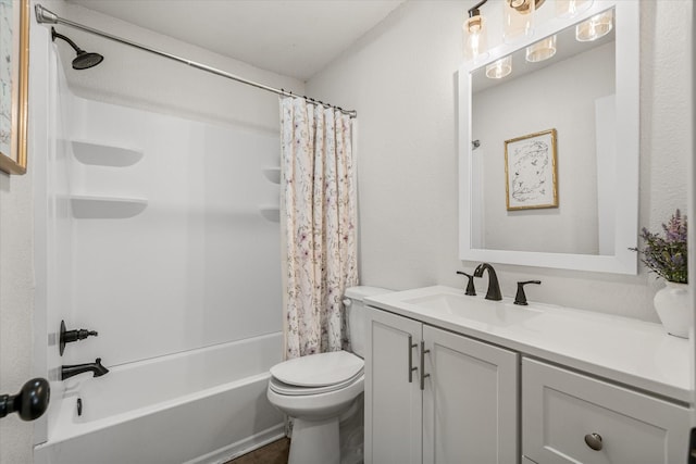 full bathroom with toilet, shower / bath combo, and vanity