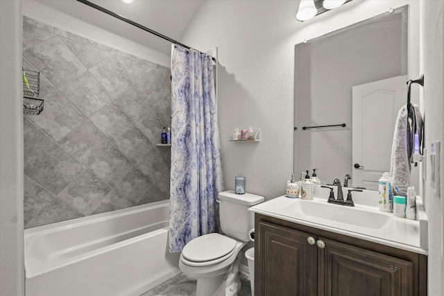 bathroom with shower / bath combo, vanity, and toilet