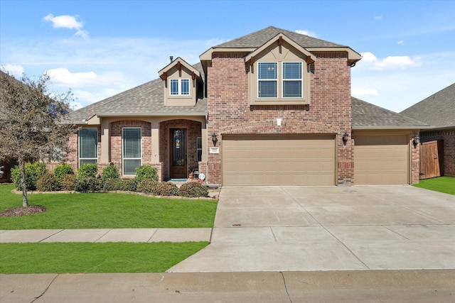 craftsman-style home featuring roof with shingles, brick siding, a front lawn, and concrete driveway