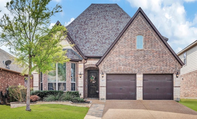 view of front facade featuring brick siding, an attached garage, a shingled roof, a front lawn, and driveway