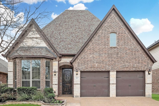 french country home with brick siding, driveway, an attached garage, and roof with shingles