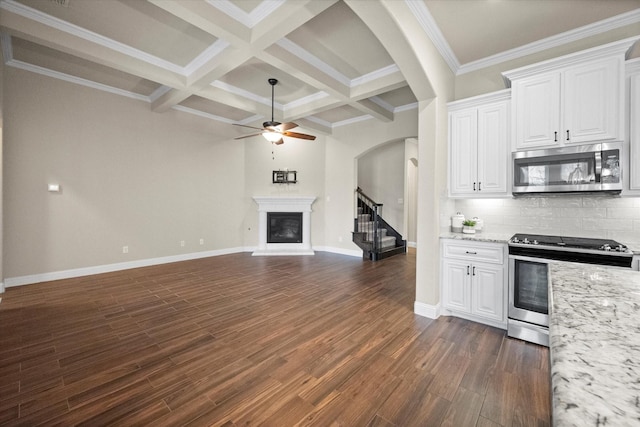 kitchen with a ceiling fan, dark wood-style floors, a glass covered fireplace, arched walkways, and appliances with stainless steel finishes