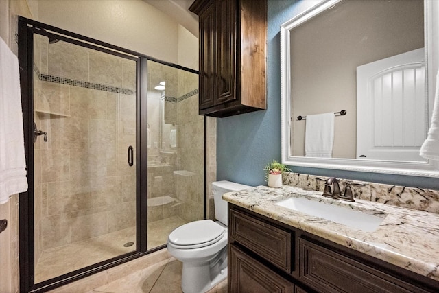 full bath featuring tile patterned floors, vanity, toilet, and a shower stall