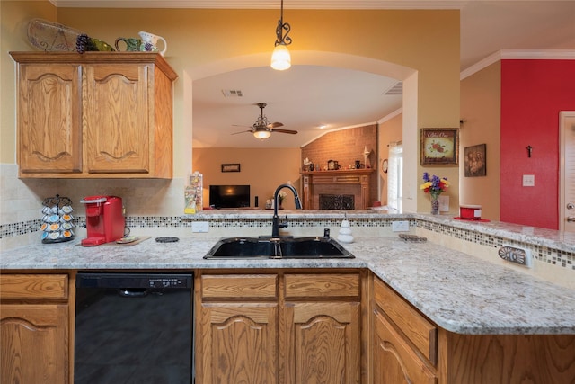 kitchen featuring visible vents, arched walkways, dishwasher, crown molding, and a sink