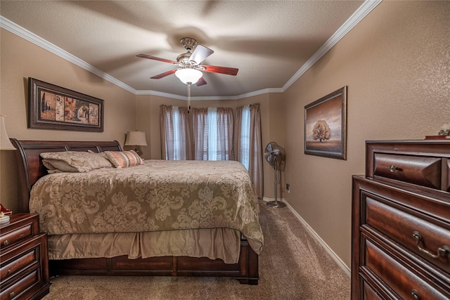 carpeted bedroom featuring baseboards, a textured ceiling, a ceiling fan, and crown molding