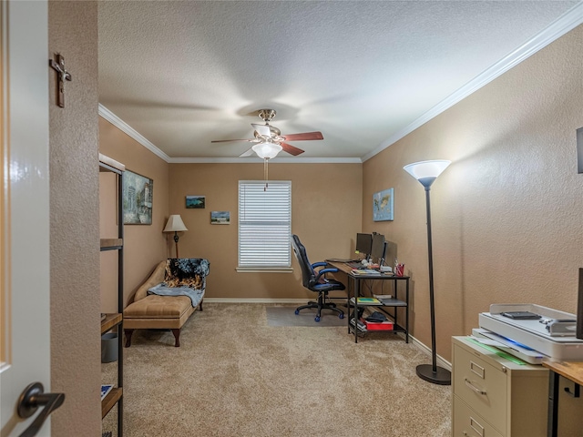 office featuring light carpet, ornamental molding, a textured ceiling, and baseboards