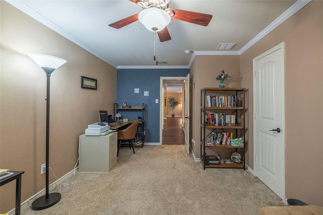 carpeted office space featuring ornamental molding, visible vents, baseboards, and a ceiling fan