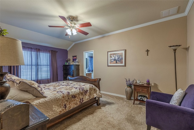 bedroom featuring lofted ceiling, carpet floors, ornamental molding, and visible vents