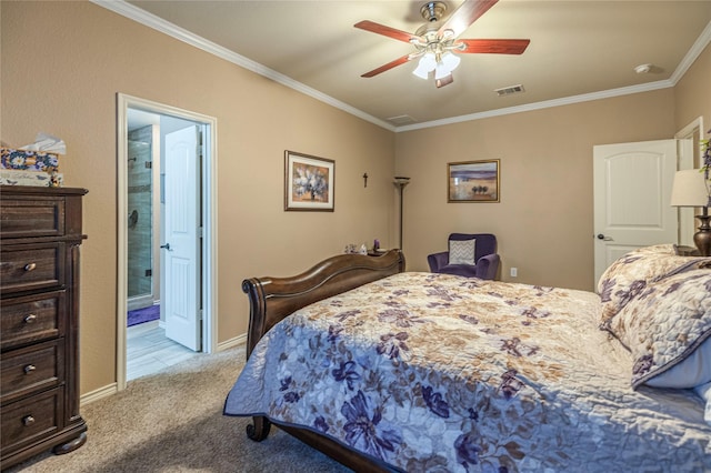 bedroom featuring baseboards, visible vents, ceiling fan, ornamental molding, and carpet flooring