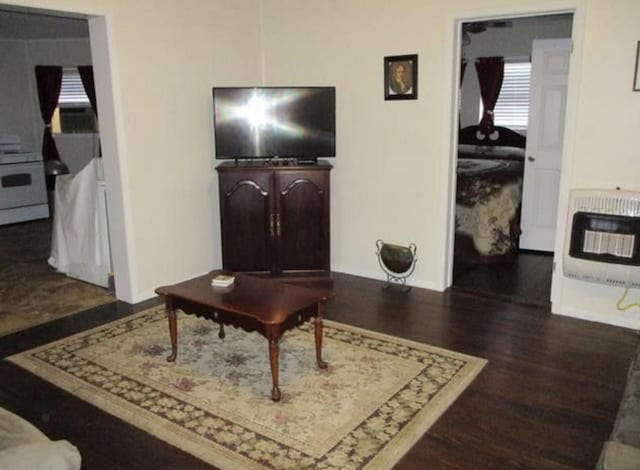 living room featuring heating unit, baseboards, and dark wood-style flooring