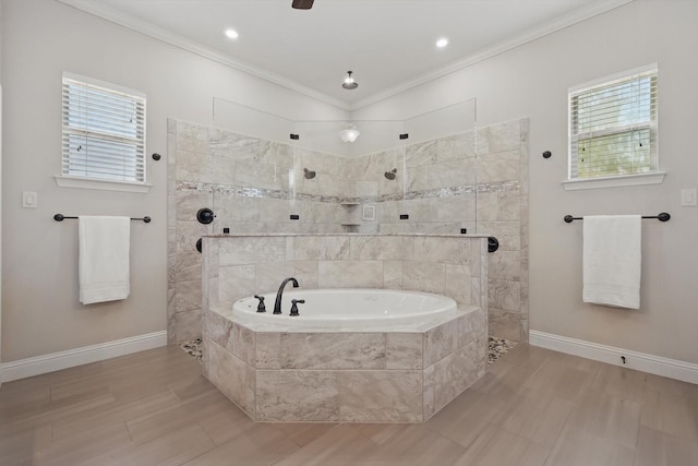 bathroom with a bath, baseboards, walk in shower, and crown molding