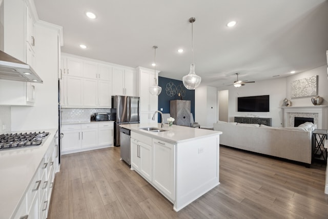 kitchen featuring a fireplace, light wood finished floors, stainless steel appliances, a sink, and wall chimney range hood