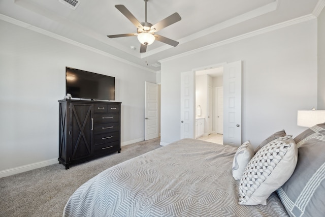 bedroom with light carpet, baseboards, a raised ceiling, and ornamental molding