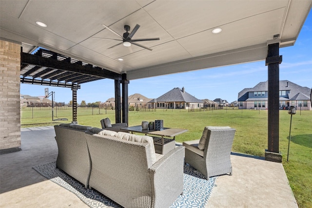 view of patio / terrace with a residential view, a pergola, fence, and an outdoor hangout area