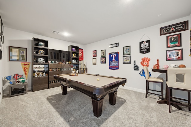 rec room with carpet floors, pool table, visible vents, and baseboards