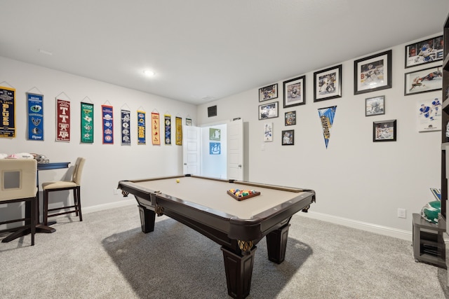 recreation room with carpet floors, pool table, and baseboards