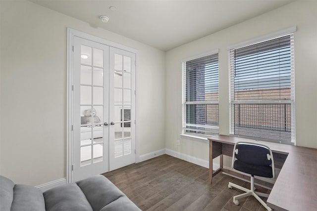 home office featuring french doors, dark wood finished floors, and baseboards