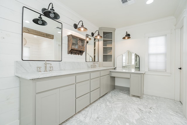1265 S Main St, Jacksboro, TX 76458 - bathroom featuring double vanity, crown molding, and marble finish flooring