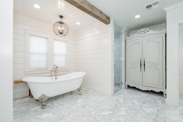 1265 S Main St, Jacksboro, TX 76458 - full bathroom featuring ornamental molding, a freestanding bath, marble finish floors, a chandelier, and recessed lighting