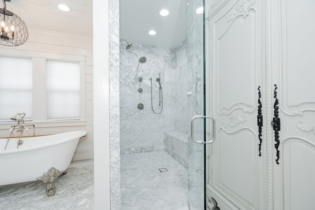 1265 S Main St, Jacksboro, TX 76458 - bathroom with a marble finish shower, a soaking tub, recessed lighting, and marble finish floors