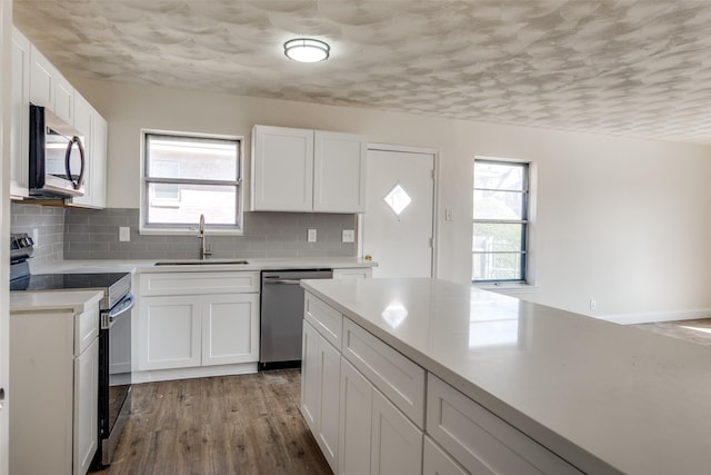 kitchen with plenty of natural light, appliances with stainless steel finishes, light countertops, and a sink