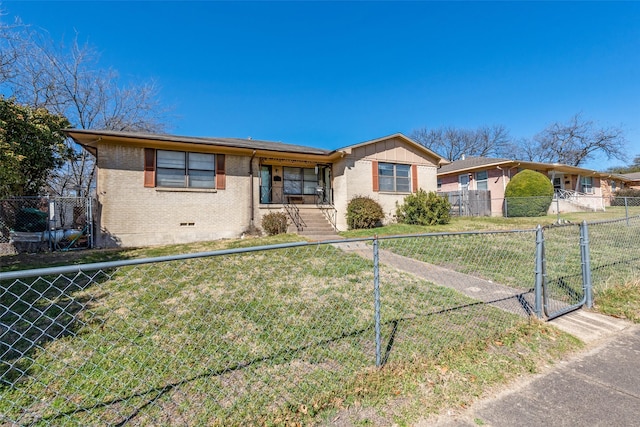 ranch-style home featuring brick siding, a fenced front yard, crawl space, a gate, and a front yard