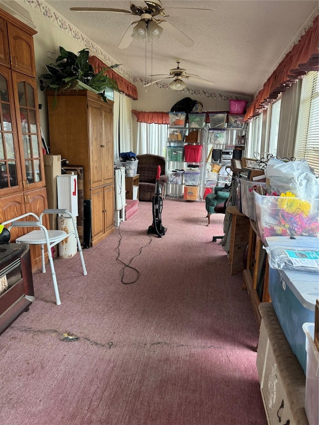 miscellaneous room with a textured ceiling, ceiling fan, plenty of natural light, and carpet