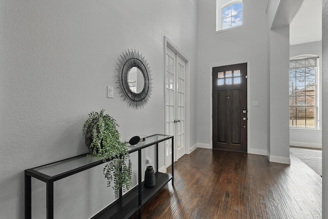 foyer entrance featuring dark wood finished floors, a healthy amount of sunlight, a high ceiling, and baseboards