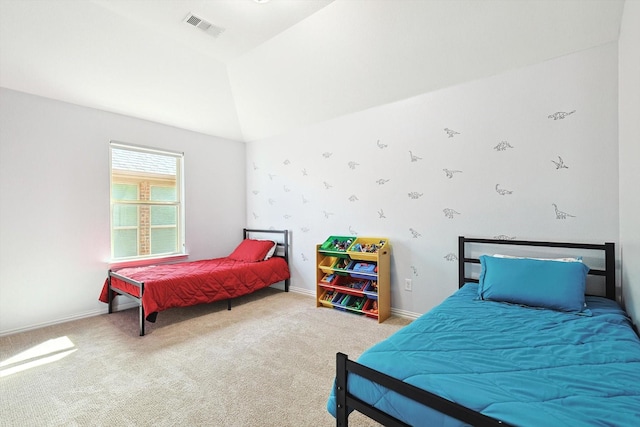 bedroom with baseboards, visible vents, lofted ceiling, and light carpet