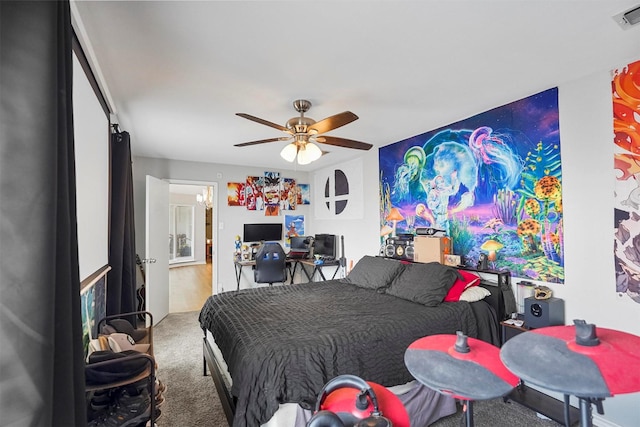 bedroom featuring a ceiling fan, carpet, and visible vents