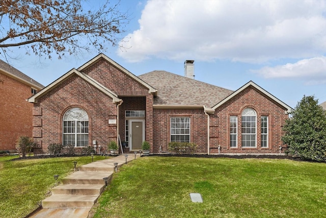 view of front of home featuring roof with shingles, a front yard, a chimney, and brick siding