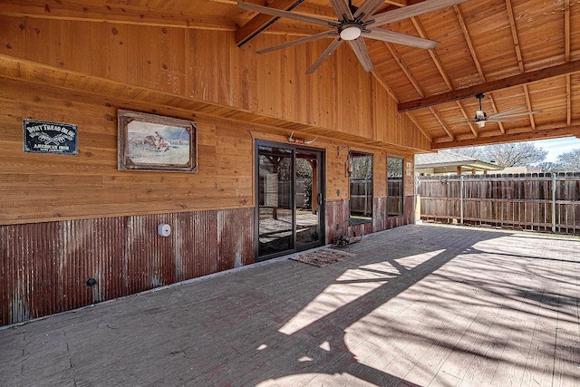 exterior space with ceiling fan, a patio, and fence